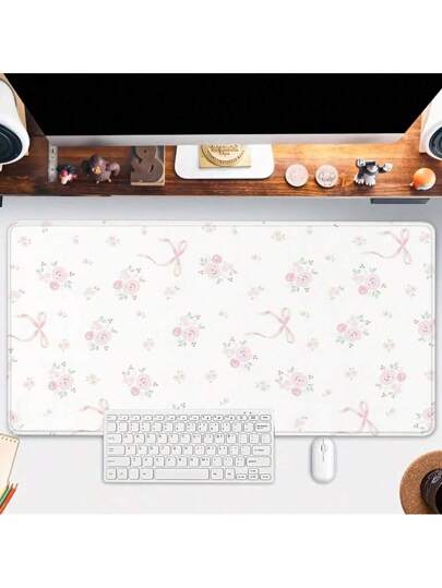 وسادة الفأرة المصممة بزهور الوردي ، حصيرة مكتب ديكور مكتب مع حواف مخيطة ، قاعدة مطاطية مانعة للانزلاق ، لوحة مفاتيح وسادة لألعاب الإلكترونية المكتبية المنزلية ، هدايا للنساء، مقاس 35.4 * 15.7 بوصة