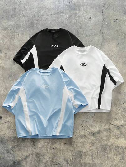 AXEPEAK 3 قطعة من تيشيرتات الرجال بطبعة ألوان متضادة وياقة دائرية وأكمام قصيرة