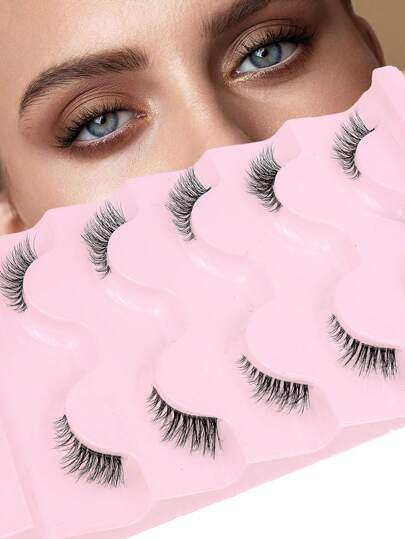 5 أزواج من رموش عين نصفية من فرو المنك الصناعي، بسيقان شفافة وقابلة لإعادة الاستخدام، رموش زائفة طبيعية ناعمة، أدوات مكياج للإطالة