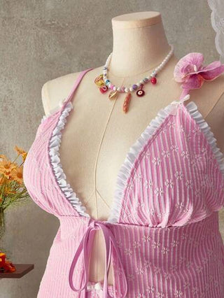 Bellisia ملابس علوية معلق داخلي عريض بلون بيكيني مزين بنسيج مربع محبوك، وزخرفة وردية متجعدة، بدلة سباحة مناسبة للنزهات والشاطئ وحمام السباحة