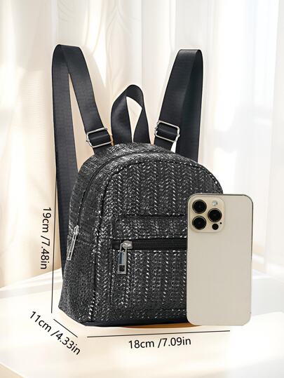 1 حقيبة ظهر من القش مُنسوجة للبنات، سحاب ثنائي الطبقة، حقيبة ظهر كاجوال شخصية، مناسبة للاستخدام اليومي، للمدرسة، للحفلات، هدية مثالية