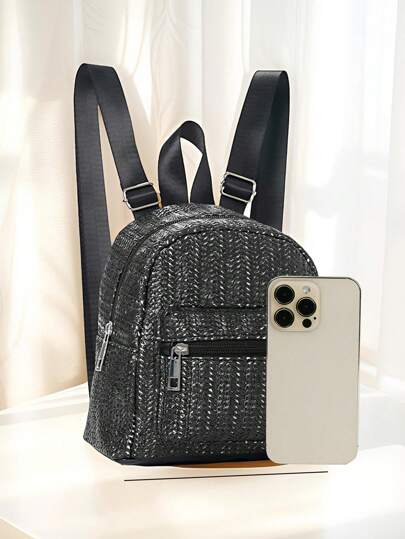 1 حقيبة ظهر من القش مُنسوجة للبنات، سحاب ثنائي الطبقة، حقيبة ظهر كاجوال شخصية، مناسبة للاستخدام اليومي، للمدرسة، للحفلات، هدية مثالية