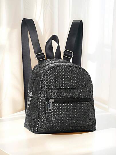 1 حقيبة ظهر من القش مُنسوجة للبنات، سحاب ثنائي الطبقة، حقيبة ظهر كاجوال شخصية، مناسبة للاستخدام اليومي، للمدرسة، للحفلات، هدية مثالية