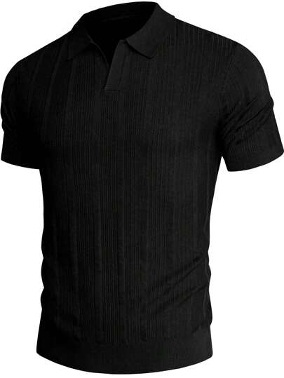 قميص بولو مجنز بأكمام قصيرة أزرق داكن للرجال - بنمط محبوك عمودي - مريح وأنيق للاستخدام اليومي والكاجوال الأنيق
