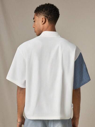 SWAVVY قميص أبيض فضفاض بنمط جينز عصري للرجال بتباين الألوان مقاس قياسي