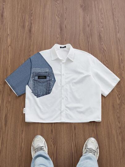 SWAVVY قميص أبيض فضفاض بنمط جينز عصري للرجال بتباين الألوان مقاس قياسي