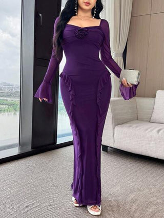 Modelyn فستان أنيق للسيدات بأكمام واسعة وذيل مجعد بلون أحادي