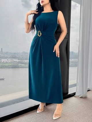 Modelyn اليوم الوطني السعودي فستان أنيق متعدد الاستخدامات للحفلات والعمل، مزين بالقصات المعدنية عند الخصر المجعد والمقنَّع