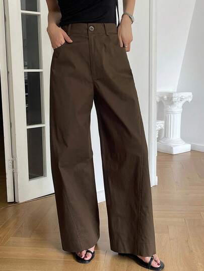 Livesso بنطلون نسائي فضفاض كاجوال بلون سادة بجيوب وساق واسعة