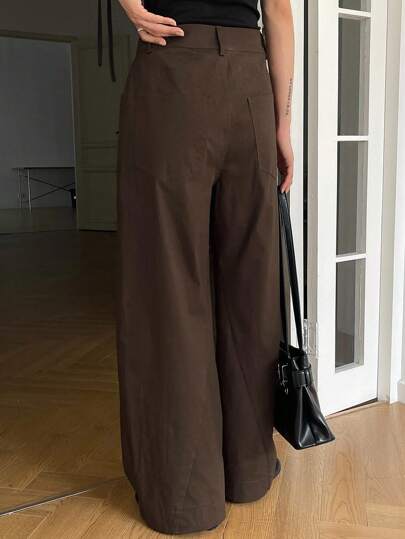 Livesso بنطلون نسائي فضفاض كاجوال بلون سادة بجيوب وساق واسعة