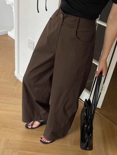 Livesso بنطلون نسائي فضفاض كاجوال بلون سادة بجيوب وساق واسعة