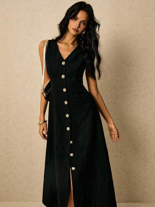 Poéselle فستان صيفي أنيق للسيدات بلون صلب مع أزرار أمامية بدون أكمام