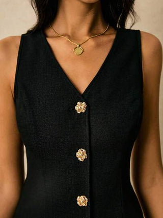 Poéselle فستان صيفي أنيق للسيدات بلون صلب مع أزرار أمامية بدون أكمام