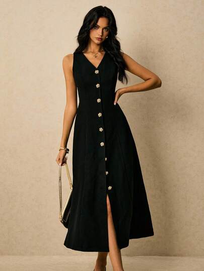 Poéselle فستان صيفي أنيق للسيدات بلون صلب مع أزرار أمامية بدون أكمام