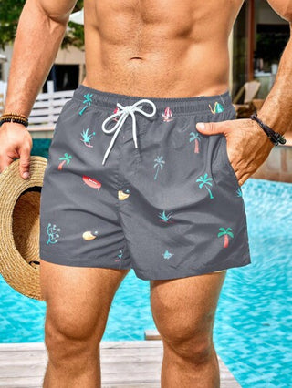 Manfinity Swimmode بنطلون قصير كاجوال للرجال بخصر ربطة وتصميم مطبوع مناسب للشاطئ