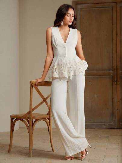 Anewsta طقم بدلة أنيقة للسيدات بقميص أكمام بلا أكمام مطرز وبنطلون، بدلة محترفة