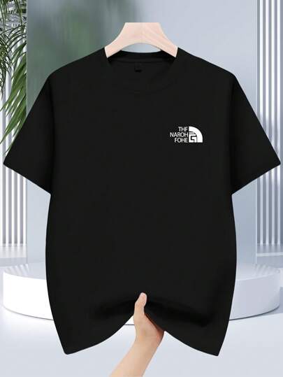 تي شيرت رجالي كاجوال مطبوع عليه حروف بياقة مستديرة وأكمام قصيرة، صيفي