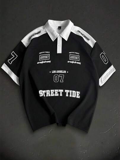 Manfinity Sporsity ملابس علوية بولو رجالي صيفي عصري مريح، بطبعات أرقام وحروف متباينة، ملابس رياضية شارع، ملابس علوية بولو سباق رجالي، ملابس علوية بولو رجالي بطبعات، ملابس علوية بولو رجالي أسود وأبيض