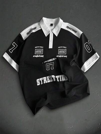 Manfinity Sporsity ملابس علوية بولو رجالي صيفي عصري مريح، بطبعات أرقام وحروف متباينة، ملابس رياضية شارع، ملابس علوية بولو سباق رجالي، ملابس علوية بولو رجالي بطبعات، ملابس علوية بولو رجالي أسود وأبيض