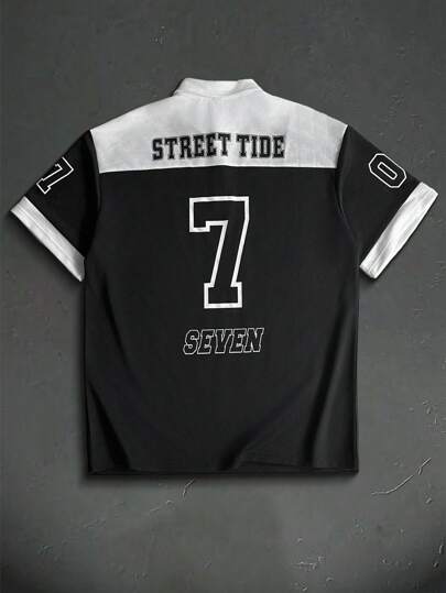 Manfinity Sporsity ملابس علوية بولو رجالي صيفي عصري مريح، بطبعات أرقام وحروف متباينة، ملابس رياضية شارع، ملابس علوية بولو سباق رجالي، ملابس علوية بولو رجالي بطبعات، ملابس علوية بولو رجالي أسود وأبيض