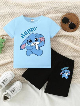 Playful Pals مجموعة تي شيرت آستين قصير وشورت بنقشات أرنب أزرق كرتوني مكتوب علية رسائل لأولاد الأطفال، 2 قطعة،طقم صيفي أنيق