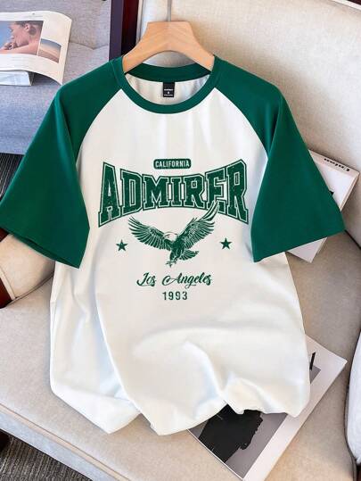 Manfinity Joysei قميص رجالي تي شيرت ذو أكمام راجلان مطبوع عليه حرف كلية باللون الأخضر ، قابل للارتداء اليومي المتعدد الاستخدامات