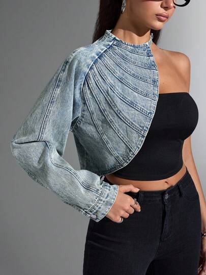 Jeanoix جاكيت جينز مغسول بطراز متباين قديم من نوع جناح