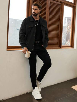 Manfinity Homme معطف قصير كاجوال مصنوع من الأقمشة المحبوكة، ملابس رجالية للخريف، معطف رجالي للشتاء، معطف أخضر رجالي، جاكيت عمل رجالي، بليزر رجالي، جاكيت غربي رجالي، بدلة رسمية رجالية