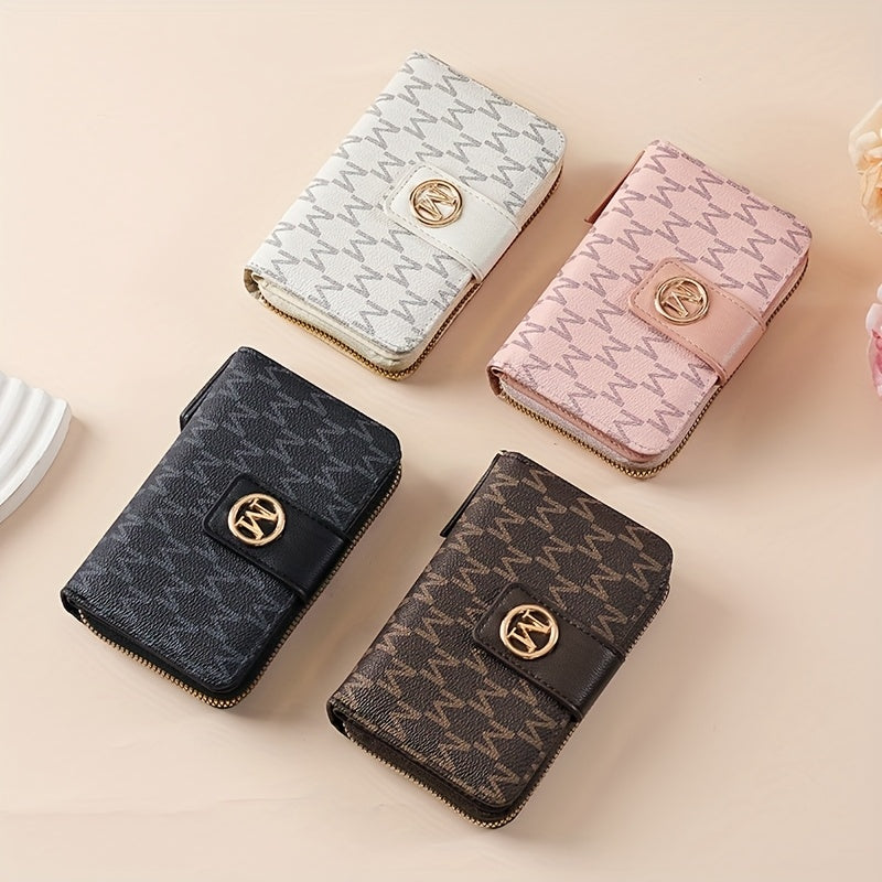 محفظة نسائية أنيقة متعددة البطاقات مع إغلاق بالضغط، فتحات للبطاقات المتعددة ونافذة للهوية - محفظة بطباعة حروف عصرية بلون بني غامق/أبيض/وردي/أسود - أساسيات يومية أنيقة، إكسسوار أنيق، بطانة بوليستر متينة