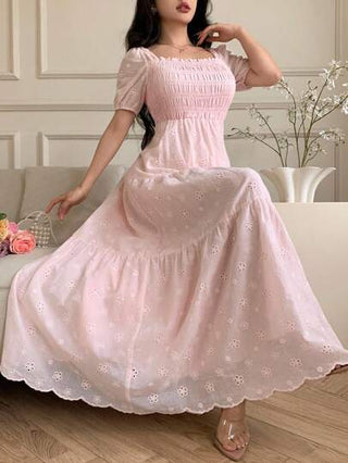 Modelyn فستان للنساء من قماش مطرز وأكمام منفوخة، فتحات، بياقة مربعة، قصة A الخصر الممشق