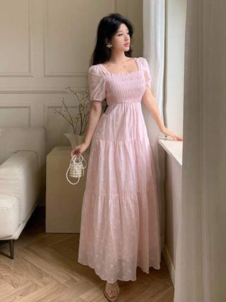 Modelyn فستان للنساء من قماش مطرز وأكمام منفوخة، فتحات، بياقة مربعة، قصة A الخصر الممشق