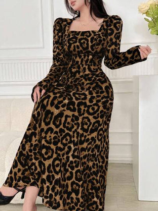 Modelyn فستان نسائي بنمط طباعة الفهد بأكمام منتفخة