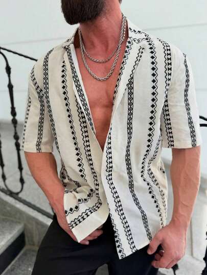 قميص كاجوال ذو ألوان متباينة بتصميم شريطي قصير الأكمام للرجال للربيع والصيف للعطلة