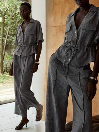 Lumivelle طقم ملابس علوية وبنطال كاجوال صيفي للنساء، قطعتين، بياقة على شكل حرف V وأمامي بازرار