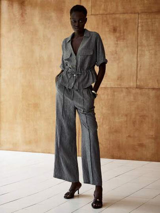 Lumivelle طقم ملابس علوية وبنطال كاجوال صيفي للنساء، قطعتين، بياقة على شكل حرف V وأمامي بازرار