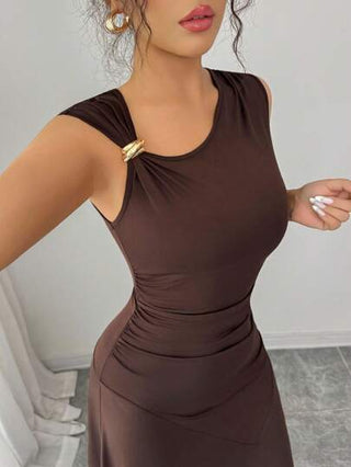 Elenzga فستان نسائي غير متماثل الياقة مزين بأزرار معدنية، ثنيات عند الخصر، رسمي أنيق، كاجوال