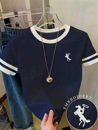 Resyla تي شيرت نسائية/ Pattern طباعة نمط/تطريز/ تيشيرت فضفاضة بياقة مستديرة لون متباين للنساء/ربيع وصيف