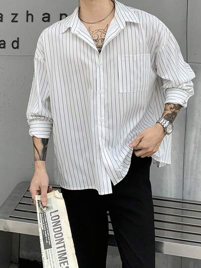 Manfinity Dauomo قميص رجالي كاجوال بأكمام طويلة وجيب وخطوط فضفاض