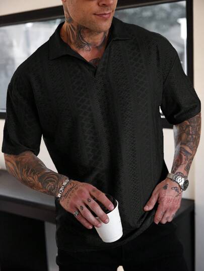 Manfinity RSRT قميص بولو قصير الأكمام من قماش ذو ملمس للرجال، مناسب للارتداء اليومي والتنقل