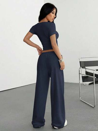 EZwear طقم بلوزة تي شيرت أكمام قصيرة وبنطلون كاجوال قطعتين للنساء، طقم بنطلون صيفي قطعتين