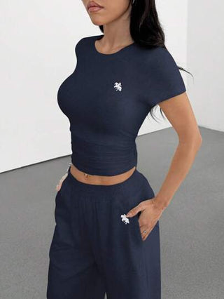 EZwear طقم بلوزة تي شيرت أكمام قصيرة وبنطلون كاجوال قطعتين للنساء، طقم بنطلون صيفي قطعتين