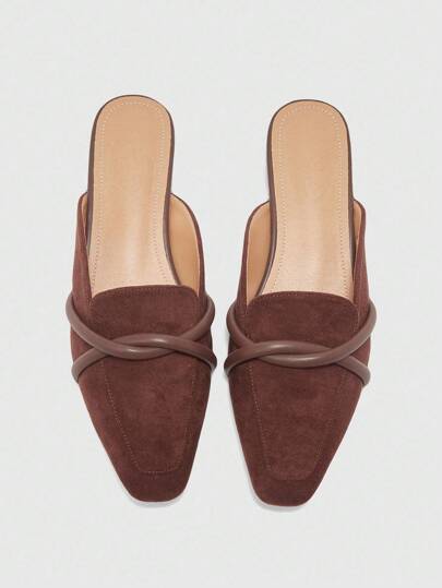 CUCCOO BIZCHIC أحذية نسائية مربعة الأصبع مسطحة بدون كعب، لون القهوة، متعددة الاستخدامات وناعمة القاع، أحذية مفتوحة من الأمام بتصميم متقاطع