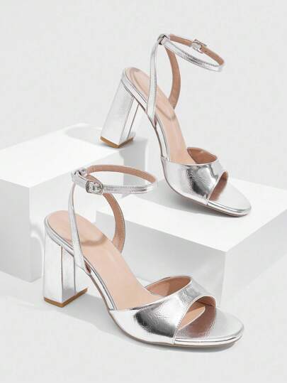 CUCCOO SZL صنادل نسائية عصرية ذات كعب عالي وحزام للكاحل باللون الفضي