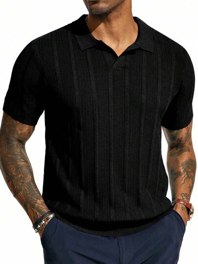 قميص بولو مجنز بأكمام قصيرة أزرق داكن للرجال - بنمط محبوك عمودي - مريح وأنيق للاستخدام اليومي والكاجوال الأنيق