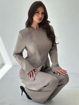 Firerie بدلة نسائية أنيقة للتنقل اليومي والشارع الأزياء الجديدة ذات الياقة غير المتماثلة والأزرار والخصر طويلة الأكمام البليزر وبنطال الخصر العالي خاكي رمادي مجموعة قطعتين ، خريف/شتاء