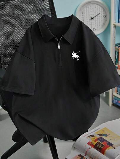 Manfinity Dauomo قميص بولو قصير الأكمام للرجال بسحاب وطباعة ألوان متباينة