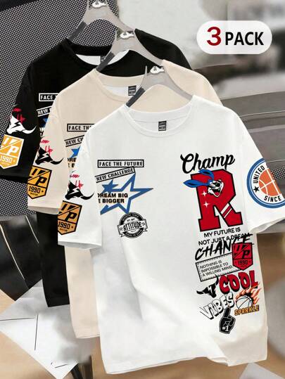 Manfinity Joysei 3 قطع تيشيرتات رجالية باللون الأسود والأبيض والخاكي، تصميم بسيط بطبعة حرف وأرنب، أكمام قصيرة وياقة طاقم