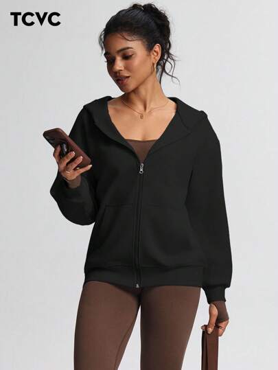 TCVC معطف هودي نسائي كاجوال مبطن بسحاب، قماش محبوك مريح، فضفاض بأكمام طويلة، مناسب للأنشطة الرياضية والترفيهية الداخلية/الخارجية، خريف/شتاء