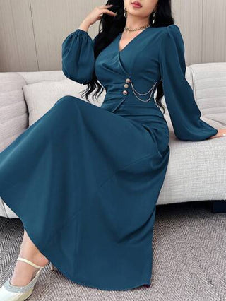 Modelyn فستان أنيق للنساء بأكمام فانوس ذو لون أحادي