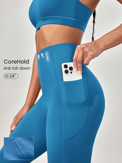 GLOWMODE سروال ضيق بطول 24 بوصة مع تحكم في البطن وجيوب جانبية، مناسب للتمارين الرياضية والجري والتدريب في الجيم، بتصميم بدون خياطة أمامية وبطانة ريشية لمنع الانزلاق